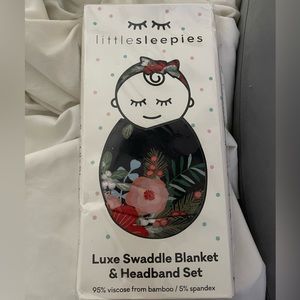 NIB Little Sleepies Poinsettia Luxe Swaddle Blanket & Headband Set